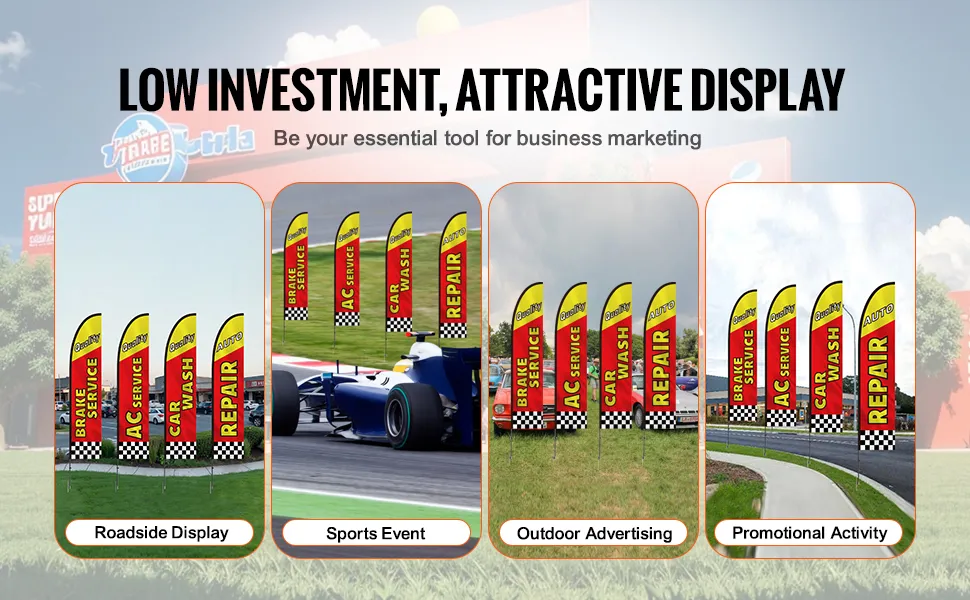 VEVOR auto repair flag banners for roadside display, sports events, outdoor advertising, and promotional activities.