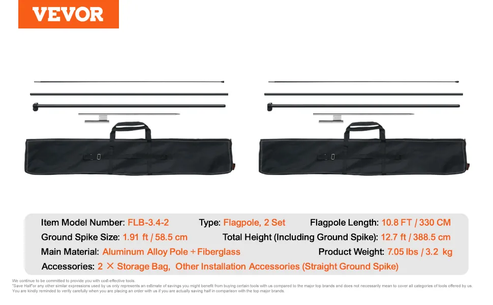 Zestaw masztów do flag VEVOR zawiera dwa komplety masztów ze stopu aluminium i włókna szklanego wraz z torbami do przechowywania.