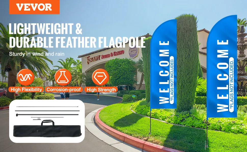 Zestaw masztów do flag VEVOR z flagami powitalnymi, wysoka elastyczność, odporność na korozję, duża wytrzymałość.