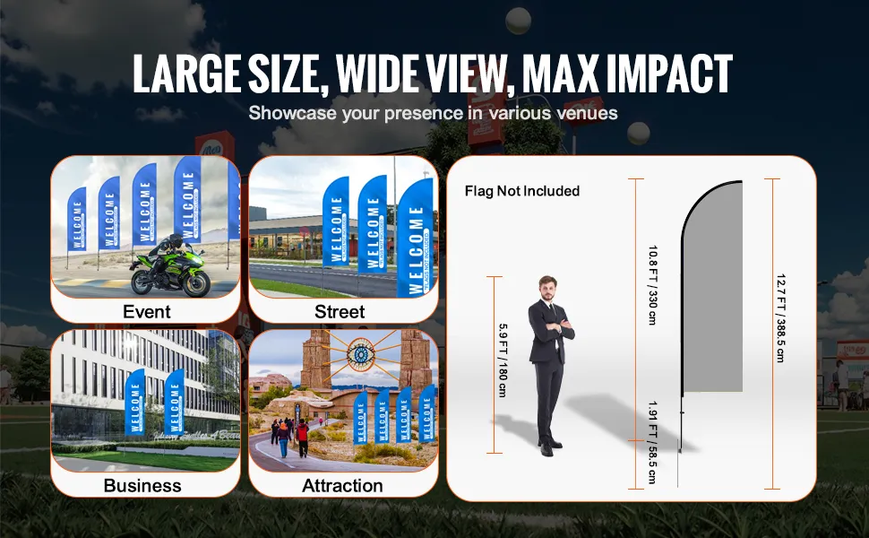 Zestaw flag z piórami VEVOR: duże flagi na imprezy, ulice, firmy i atrakcje.