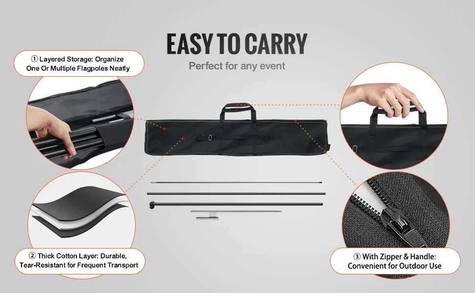 Zestaw masztów do flagi VEVOR z możliwością przechowywania warstwowego, grubą warstwą bawełny, zamkiem błyskawicznym i uchwytem dla łatwego transportu.