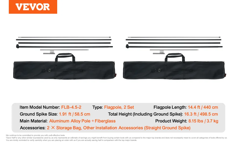 VEVOR feather flag pole kit with aluminum poles, fiberglass, storage bags, and ground spike accessories.
