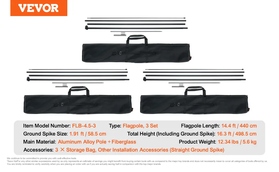 Zestaw masztów do flagi VEVOR - maszty ze stopu aluminium, włókno szklane, kołek wbity w ziemię, torby do przechowywania.