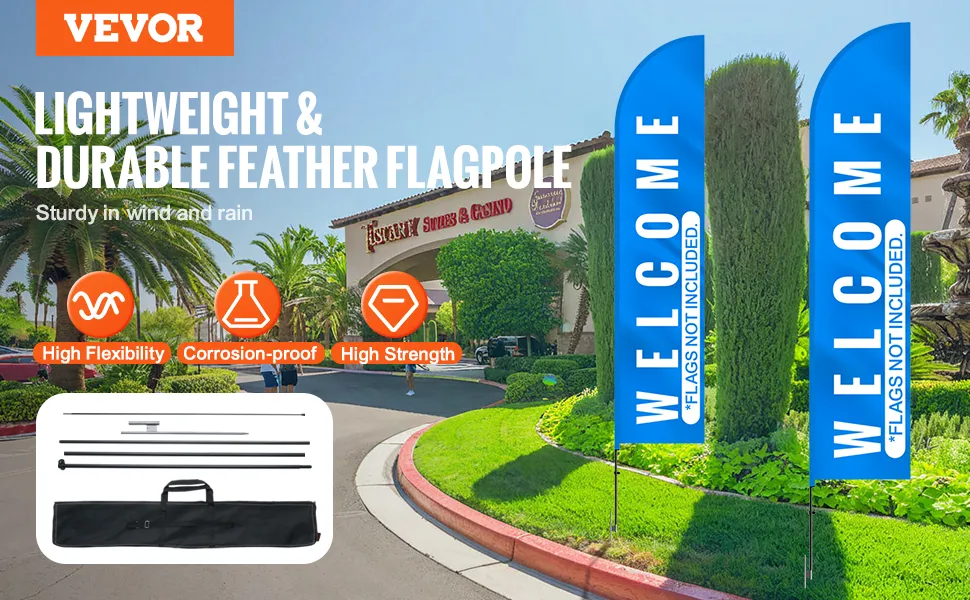 Zestaw masztów do flag VEVOR, lekkie, trwałe, bardzo elastyczne, odporne na korozję, o dużej wytrzymałości.