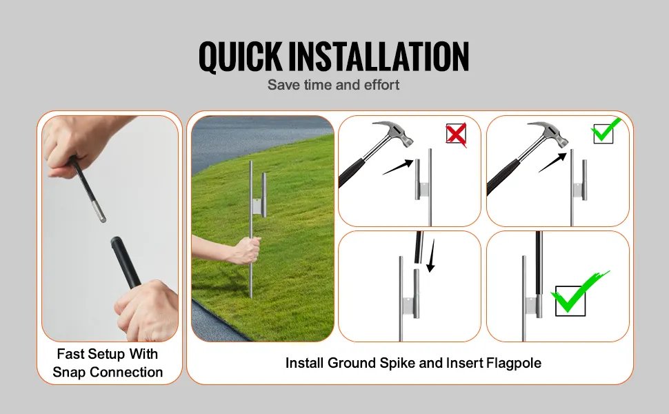 szybka i łatwa instrukcja montażu zestawu masztów do flagi piórowej VEVOR z zatrzaskowym połączeniem i wbijaniem kolców w ziemię.