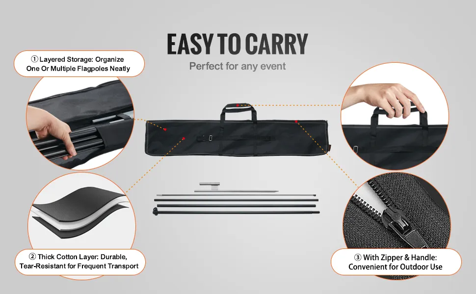 Zestaw masztów do flagi VEVOR z torbą transportową, warstwowym przechowywaniem, odporną na rozdarcie bawełnianą warstwą, zamkiem błyskawicznym i uchwytem.