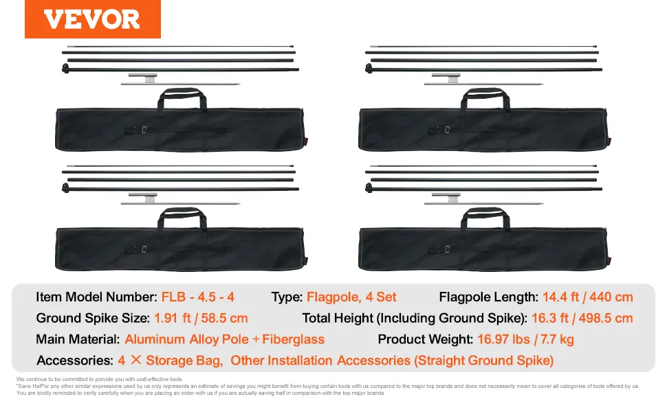 VEVOR feather flag pole kit in black, 14.4 ft flagpoles, aluminum alloy poles, four sets, storage bags included.