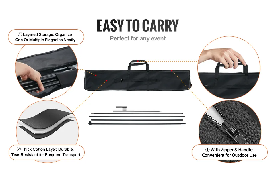 VEVOR feather flag pole kit with zippered storage bag, thick cotton layer, and convenient handle for events.