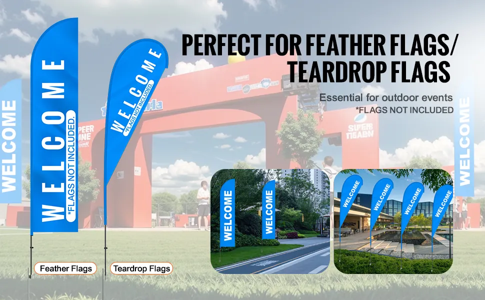 welcome signs on blue feather flags and teardrop flags, VEVOR feather flag pole kit, perfect for events.
