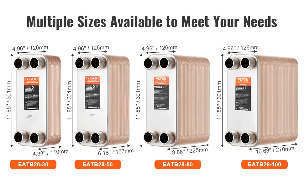 VEVOR heat exchanger in four sizes: eatb28-30, eatb28-50, eatb28-80, eatb28-100.