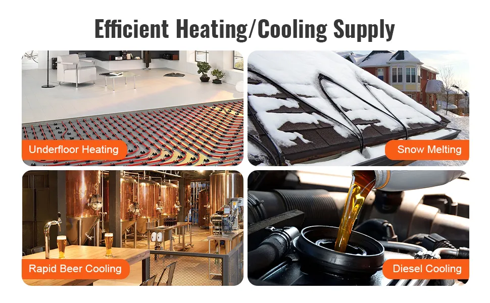 efficient underfloor heating, snow melting, rapid beer cooling, diesel cooling with VEVOR heat exchanger.