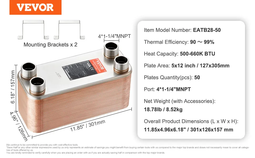„specyfikacje wymiennika ciepła VEVOR z wymiarami, wydajnością cieplną i ilustrowanymi wspornikami montażowymi”.
