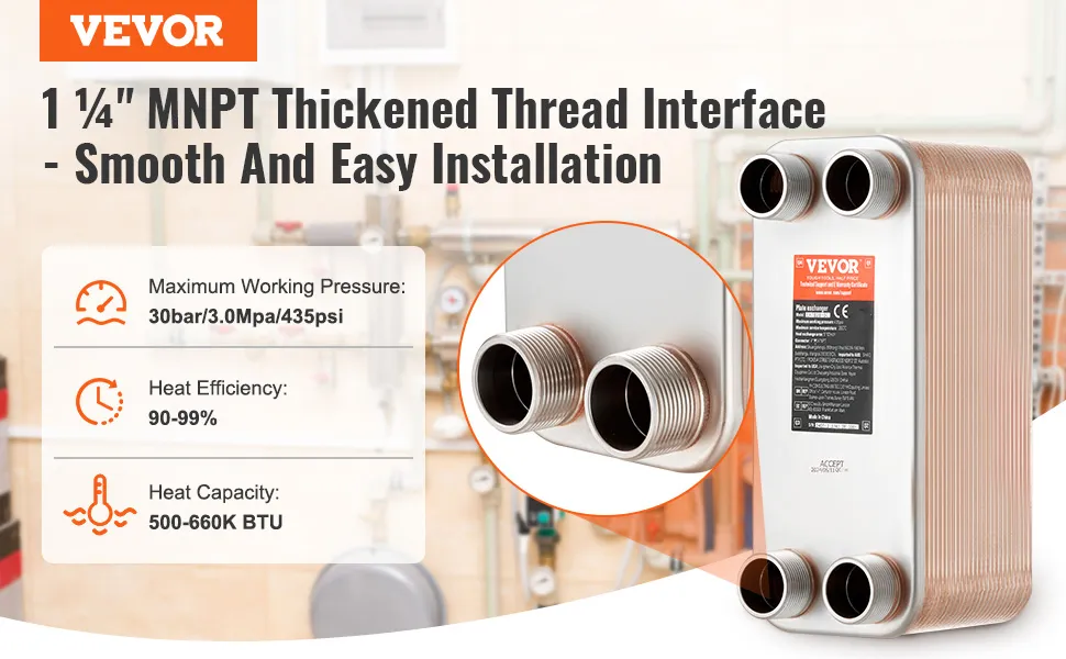 Wymiennik ciepła VEVOR z gwintem MNPT 1 ¼", maks. ciśnienie 30 bar, sprawność cieplna 90-99%, wydajność 500-660 tys. BTU.