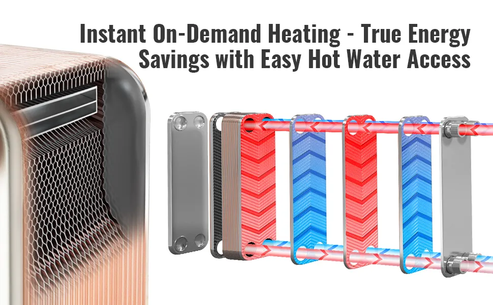 Wymiennik ciepła VEVOR zapewniający natychmiastowy dostęp do ciepłej wody, oszczędność energii i ogrzewanie na żądanie.