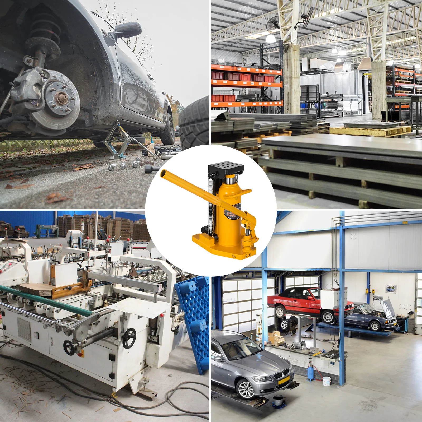 VEVOR-Wagenheber für Autos und Industriemaschinen in verschiedenen Arbeitsbereichen.