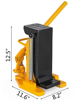 yellow-and-black VEVOR toe jack, 12.5" high, 11.6" wide base, with spring-loaded handle.