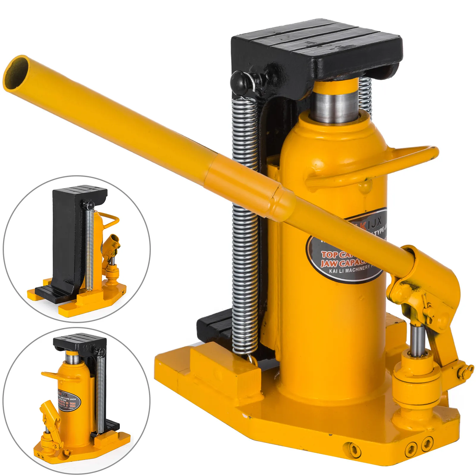 yellow VEVOR toe jack with handle and two close-up insets showing different angles.