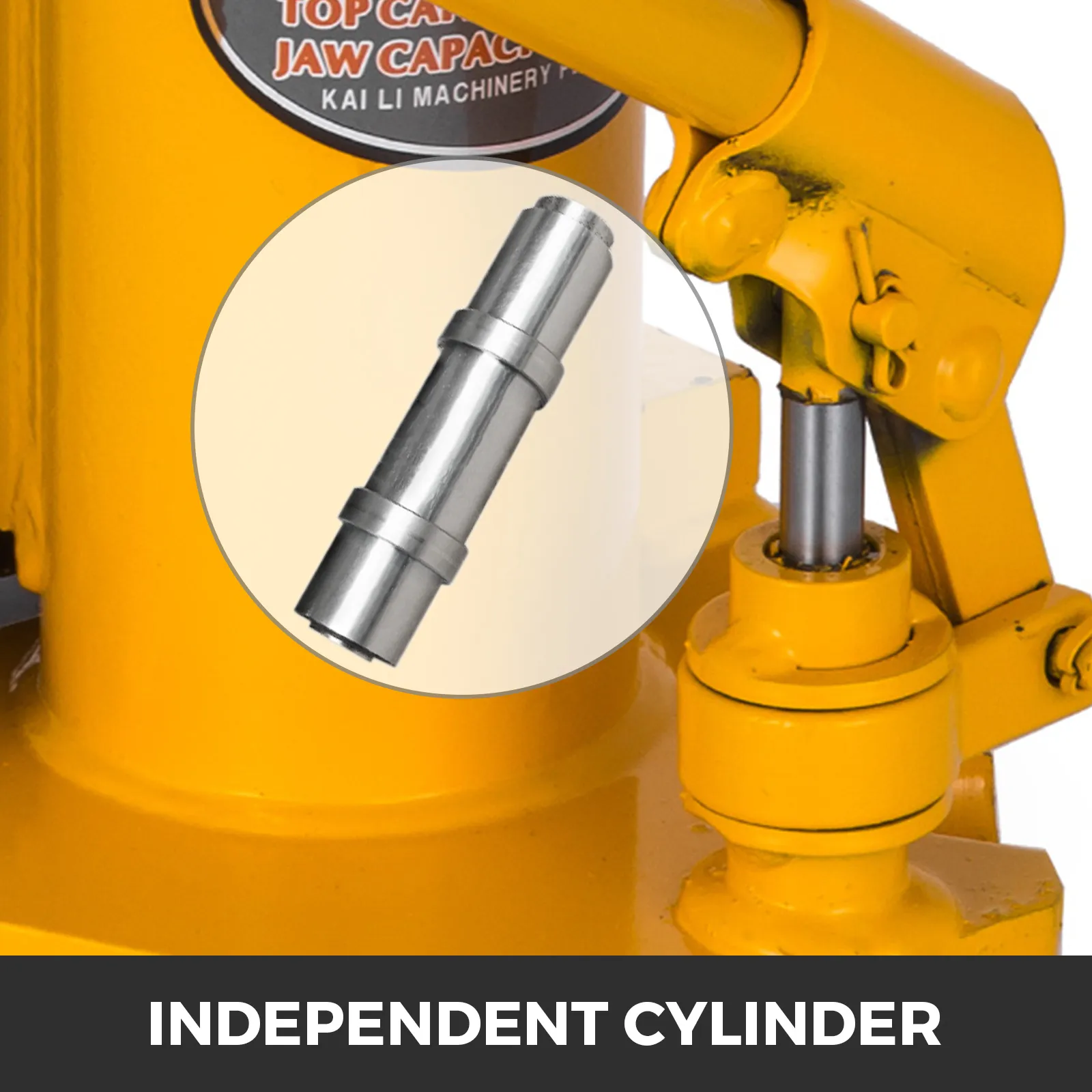 yellow hydraulic jack close-up with independent cylinder detail, labeled VEVOR toe jack.