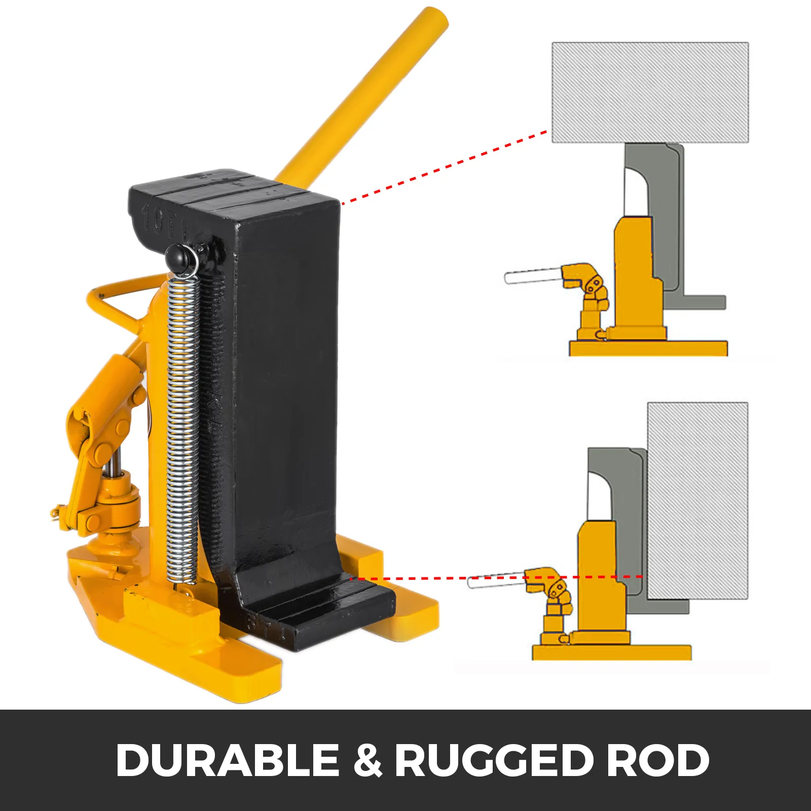 VEVOR toe jack with durable, rugged rod lifting heavy objects in illustrations.