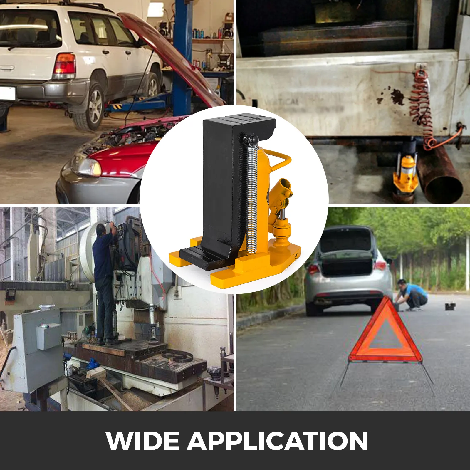 VEVOR toe jack lifting vehicles and machinery, highlighting wide application areas.