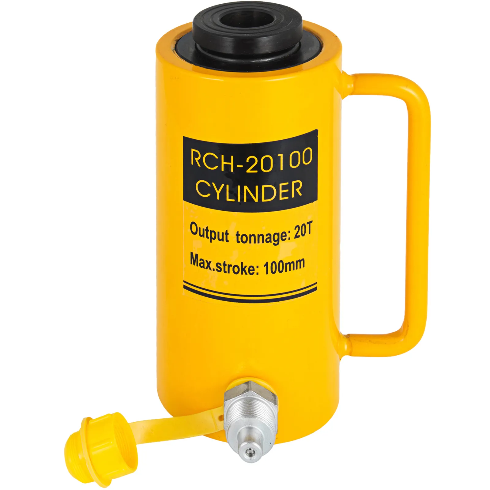 yellow VEVOR hydraulic cylinder jack with 20t output and 100mm max stroke.
