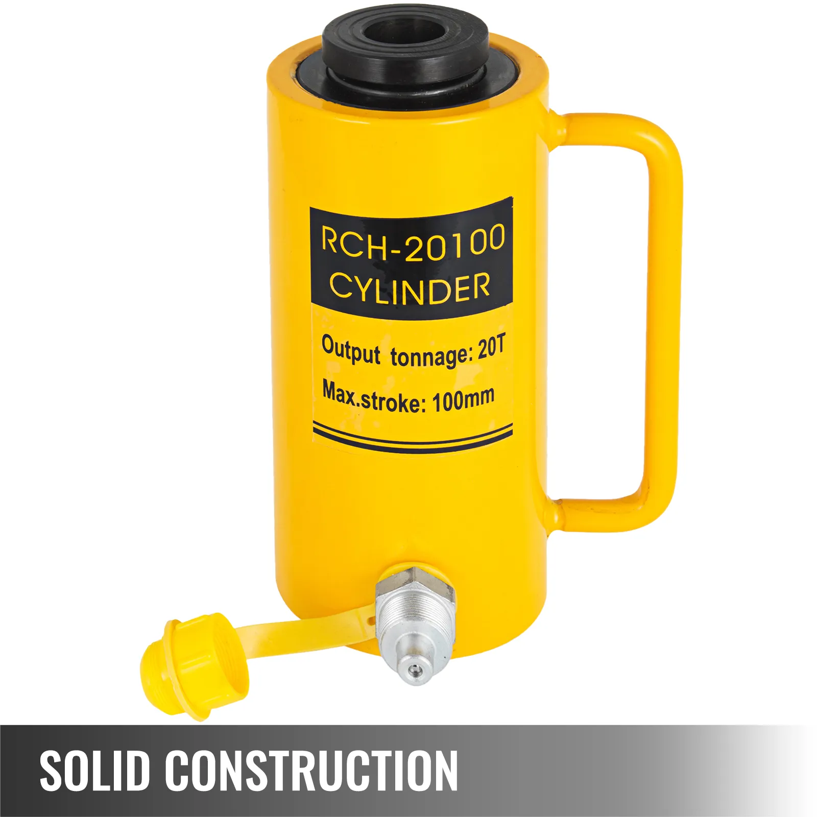 VEVOR hydraulic cylinder jack, 20t capacity, yellow with handle and labeled specifications.
