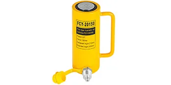 yellow VEVOR hydraulic cylinder jack with handle and detailed specification label.