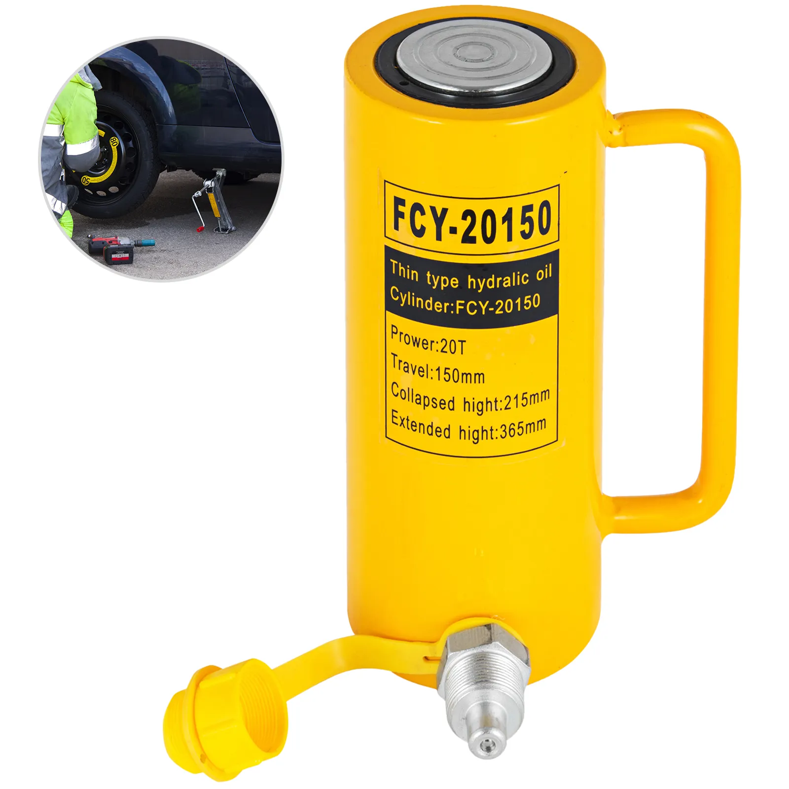 yellow VEVOR hydraulic cylinder jack, 20-ton capacity, shown lifting a vehicle.