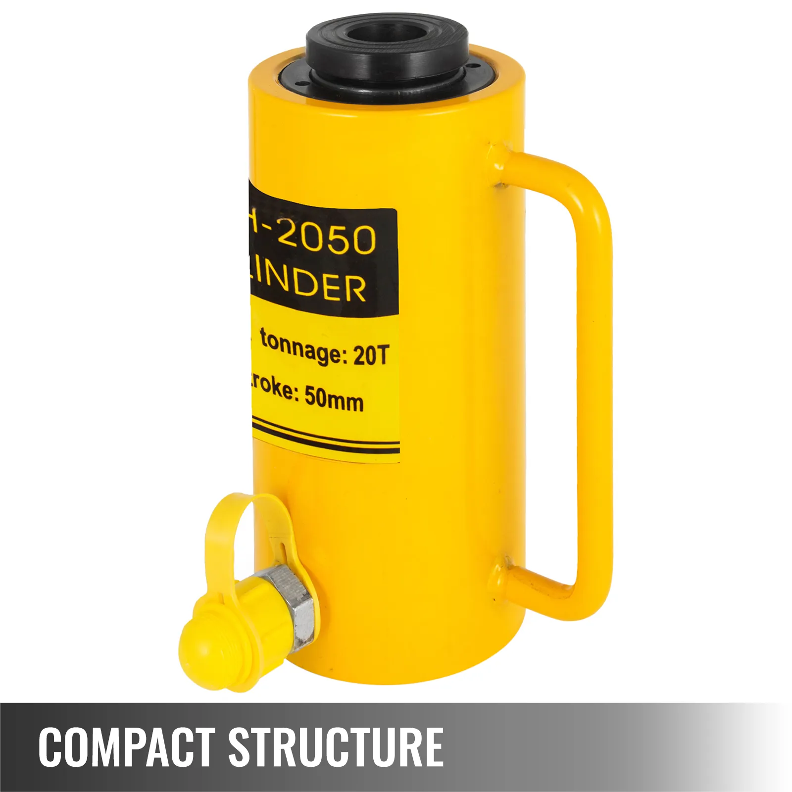 Gato hidráulico de cilindro VEVOR amarillo con tonelaje de 20t y carrera de 50mm.