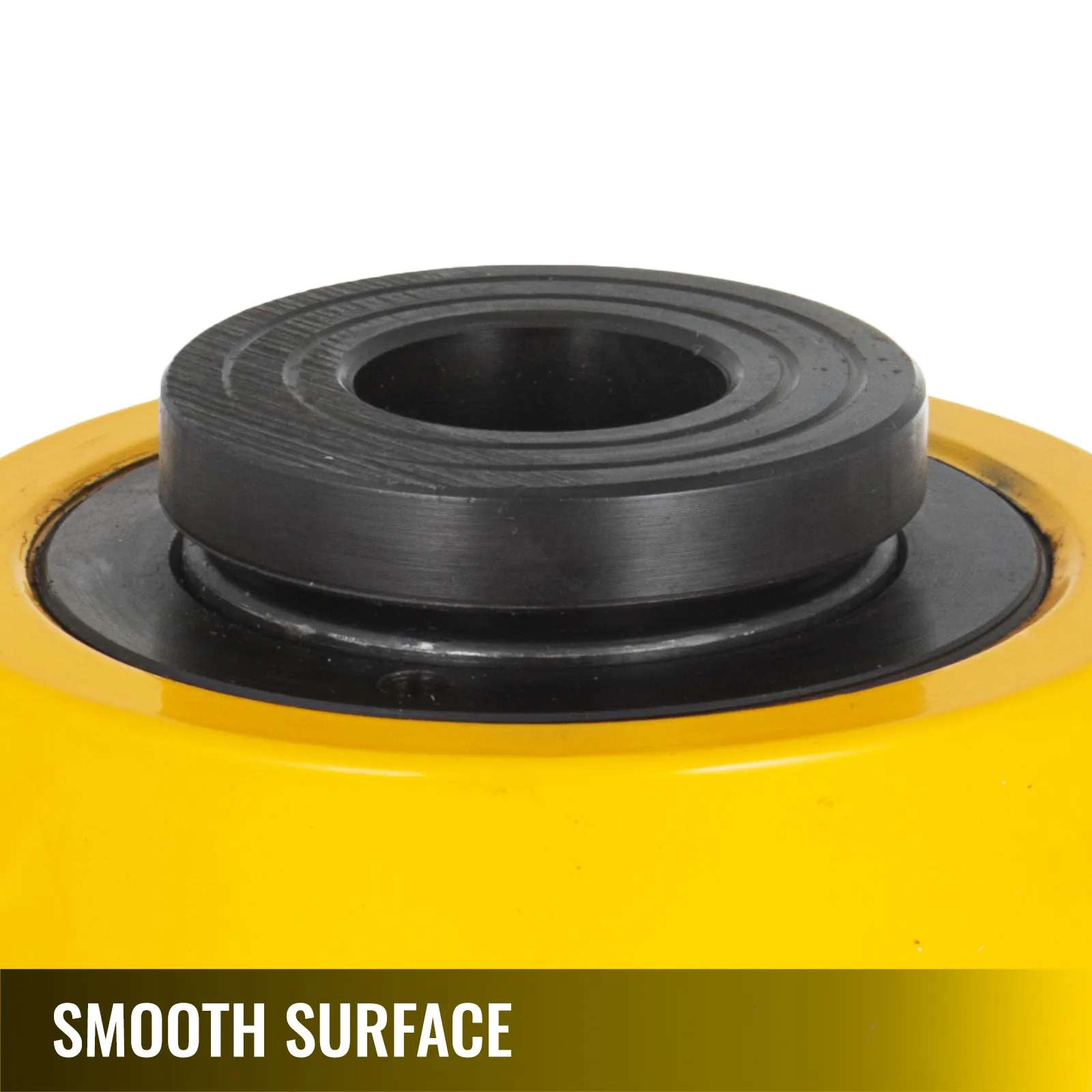 Gato hidráulico de cilindro VEVOR amarillo con superficie superior lisa de color negro.