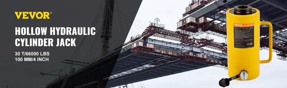 VEVOR hydraulic cylinder jack showcased in front of a bridge under construction.