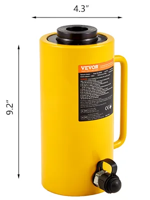 VEVOR hydraulic cylinder jack, 30t capacity, 100mm max stroke, yellow with handle.