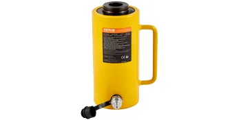 yellow VEVOR hydraulic cylinder jack with handle and labeled specifications.