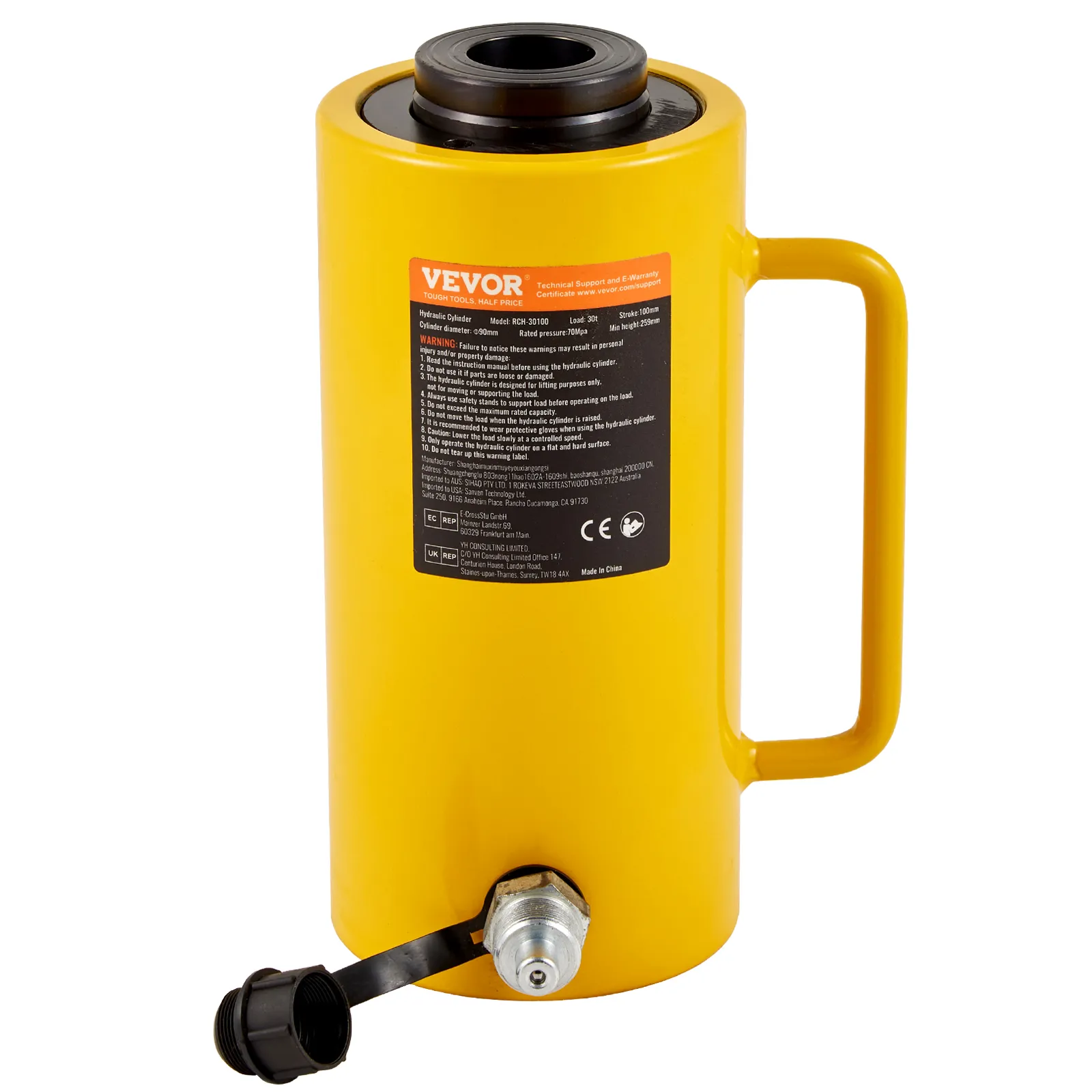yellow VEVOR hydraulic cylinder jack rch-30100 with 30t output, 100mm max stroke.