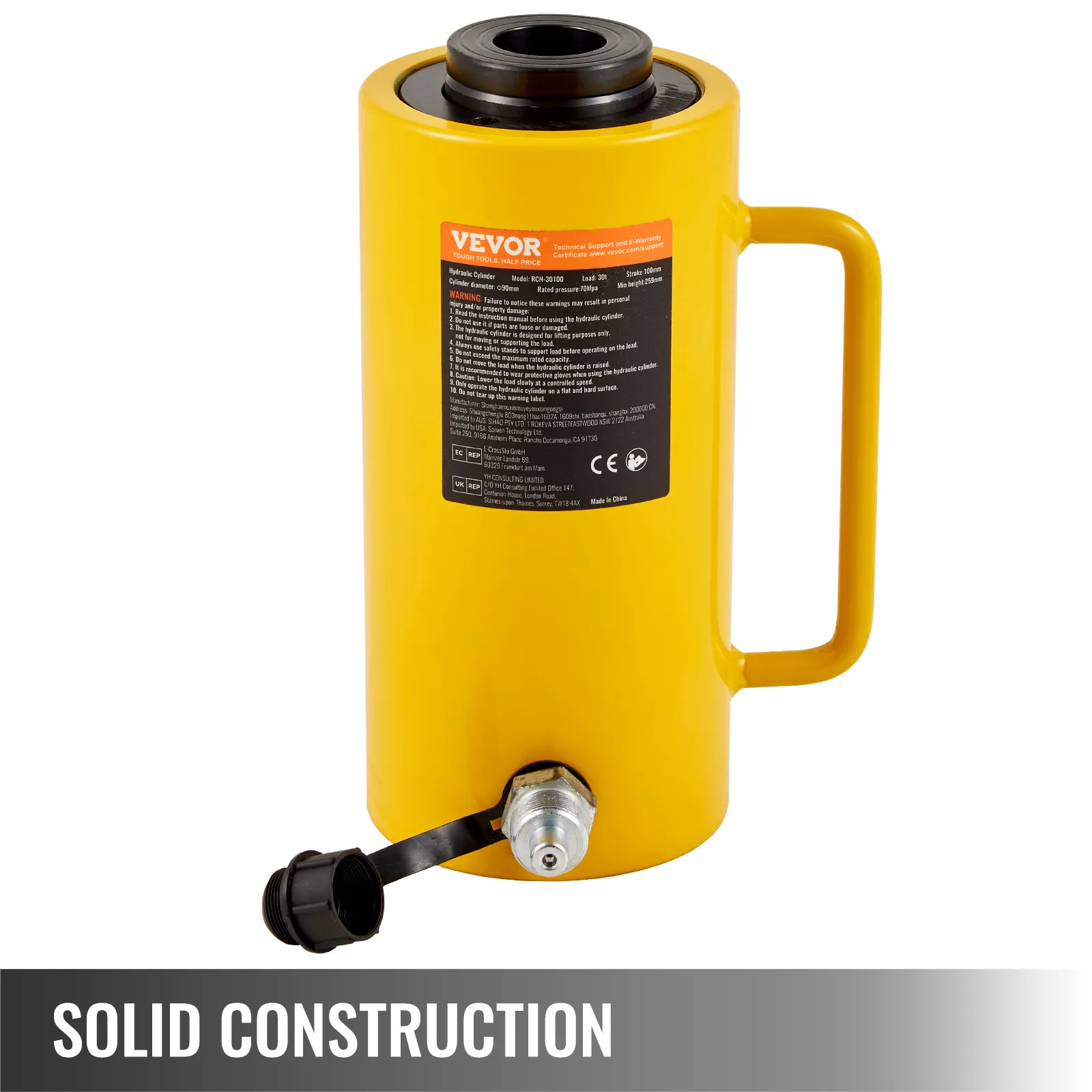 yellow VEVOR hydraulic cylinder jack (rch-30100) with a handle and 30t capacity.
