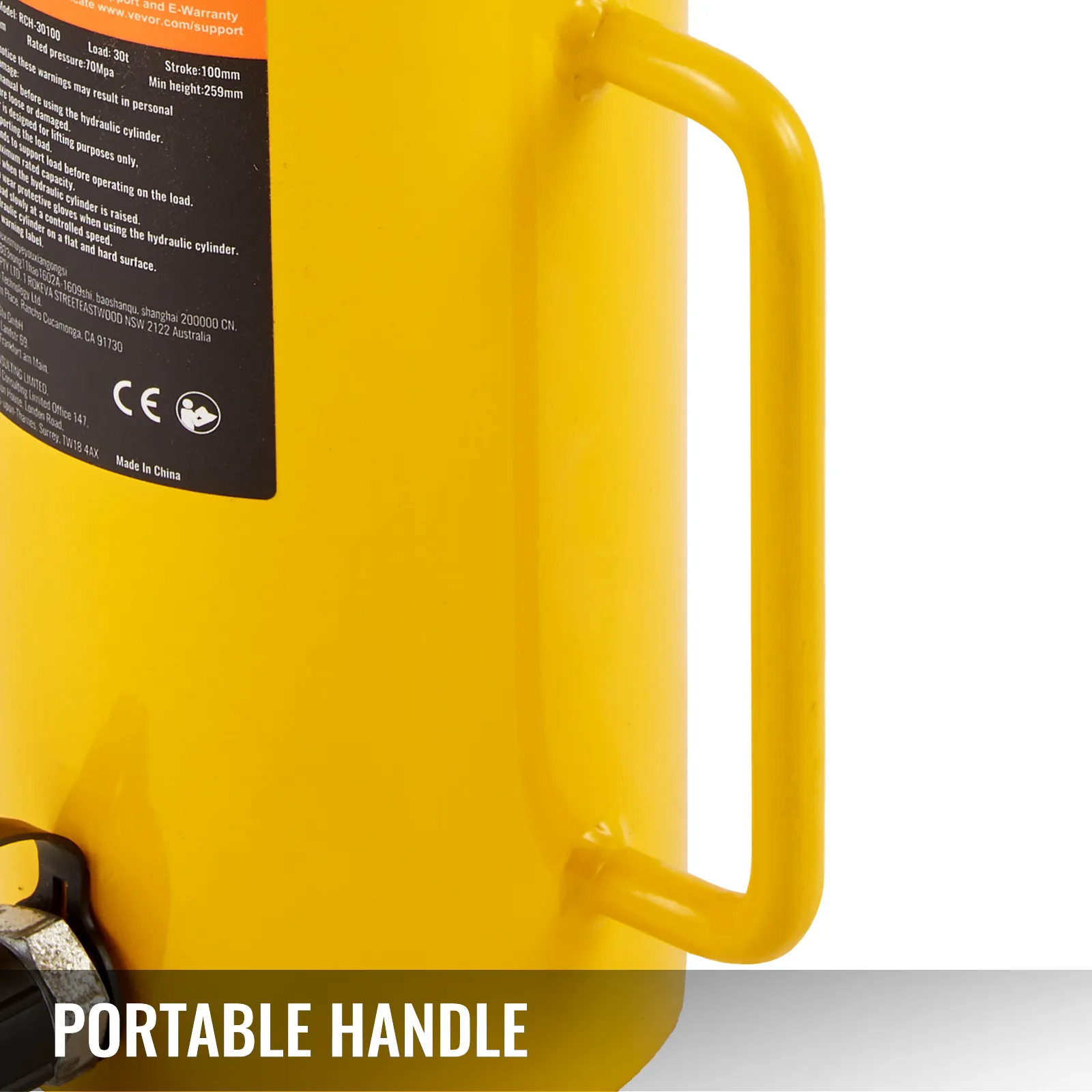 yellow VEVOR hydraulic cylinder jack with a portable handle, 30t capacity label.