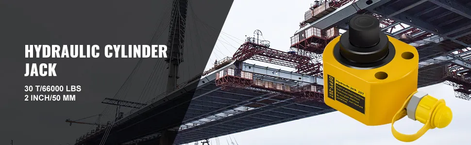 Gato hidráulico de cilindro VEVOR junto a un puente en construcción. Capacidad de 30 t, altura de 2 pulgadas.
