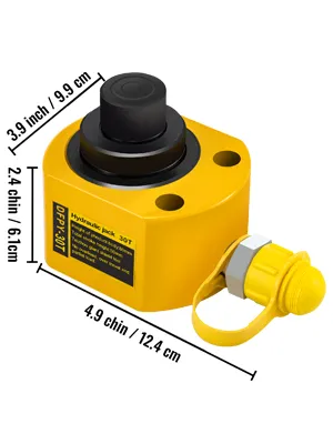 Cilindro hidráulico VEVOR amarillo con dimensiones etiquetadas para altura, ancho y profundidad.