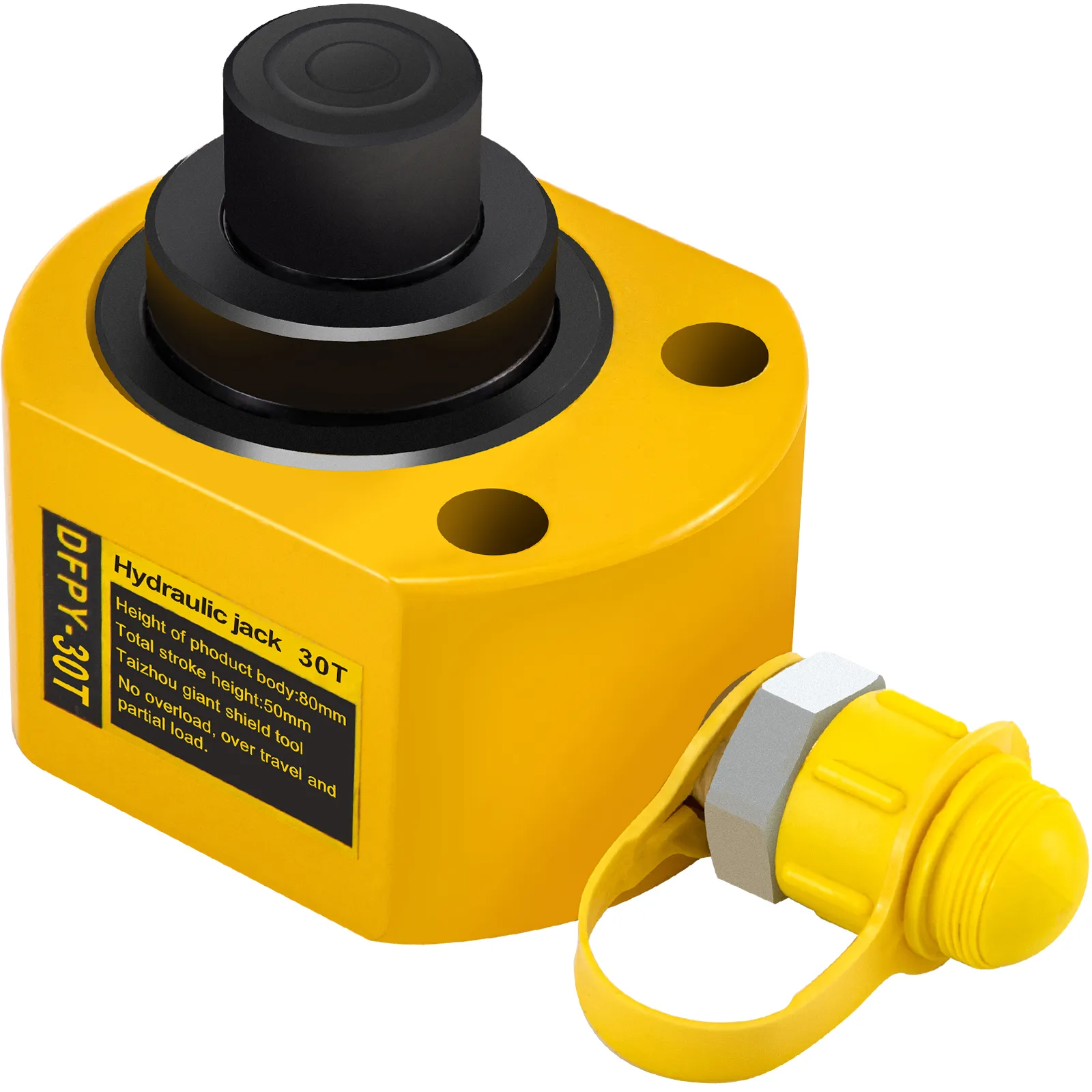 Cilindro hidráulico VEVOR amarillo con capacidad de 30 toneladas y conector de manguera adjunto.
