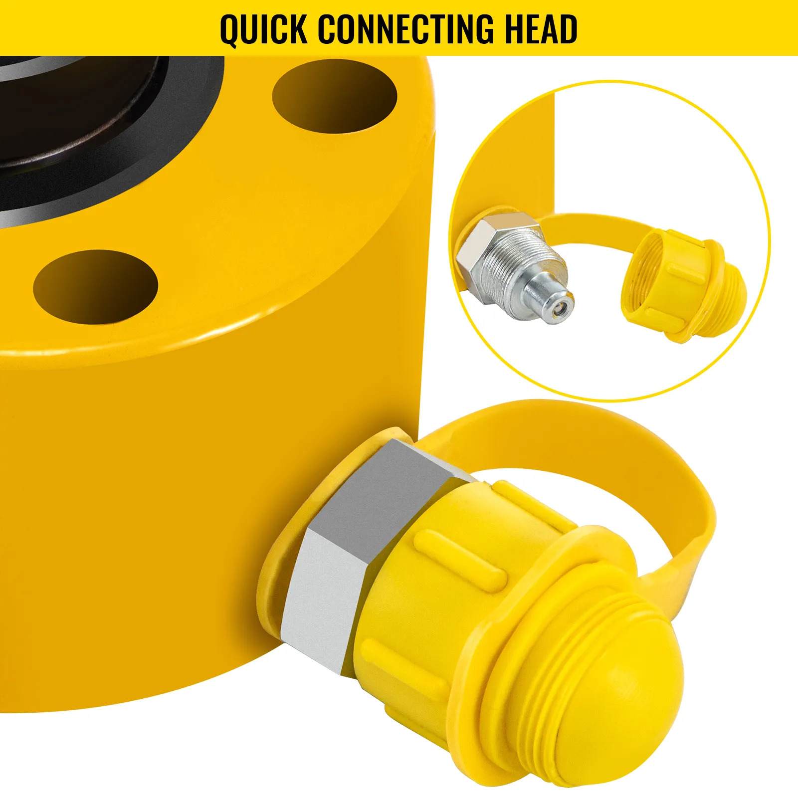 Cilindro hidráulico VEVOR amarillo con cabezal de conexión rápida y tapa protectora.