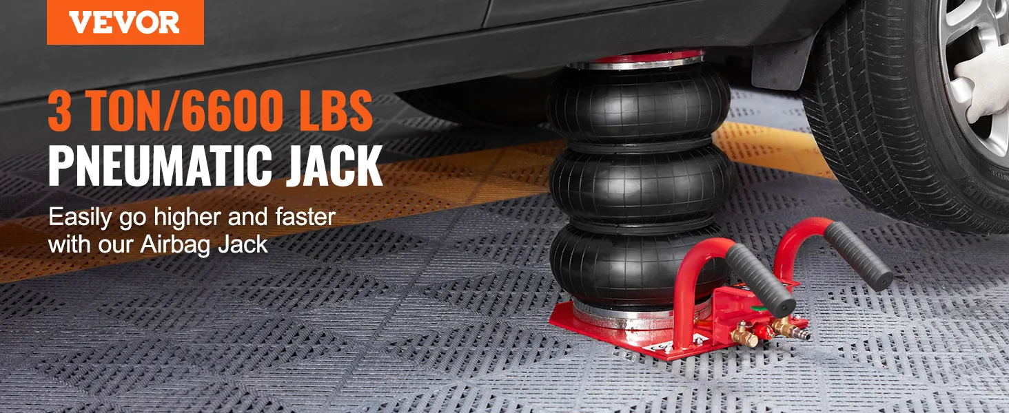 VEVOR triple bag air jack lifting vehicle, 3 ton capacity, on patterned floor tiles.