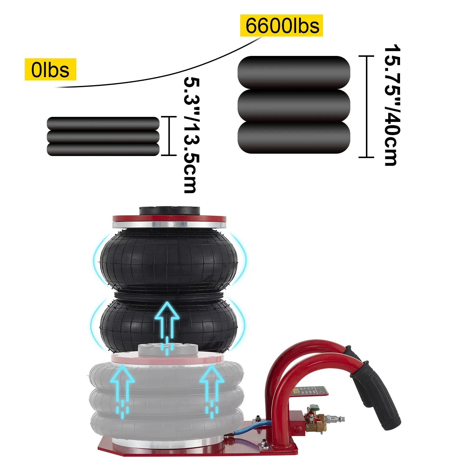VEVOR triple bag air jack with dimensions, 6600 lbs capacity, and handle.