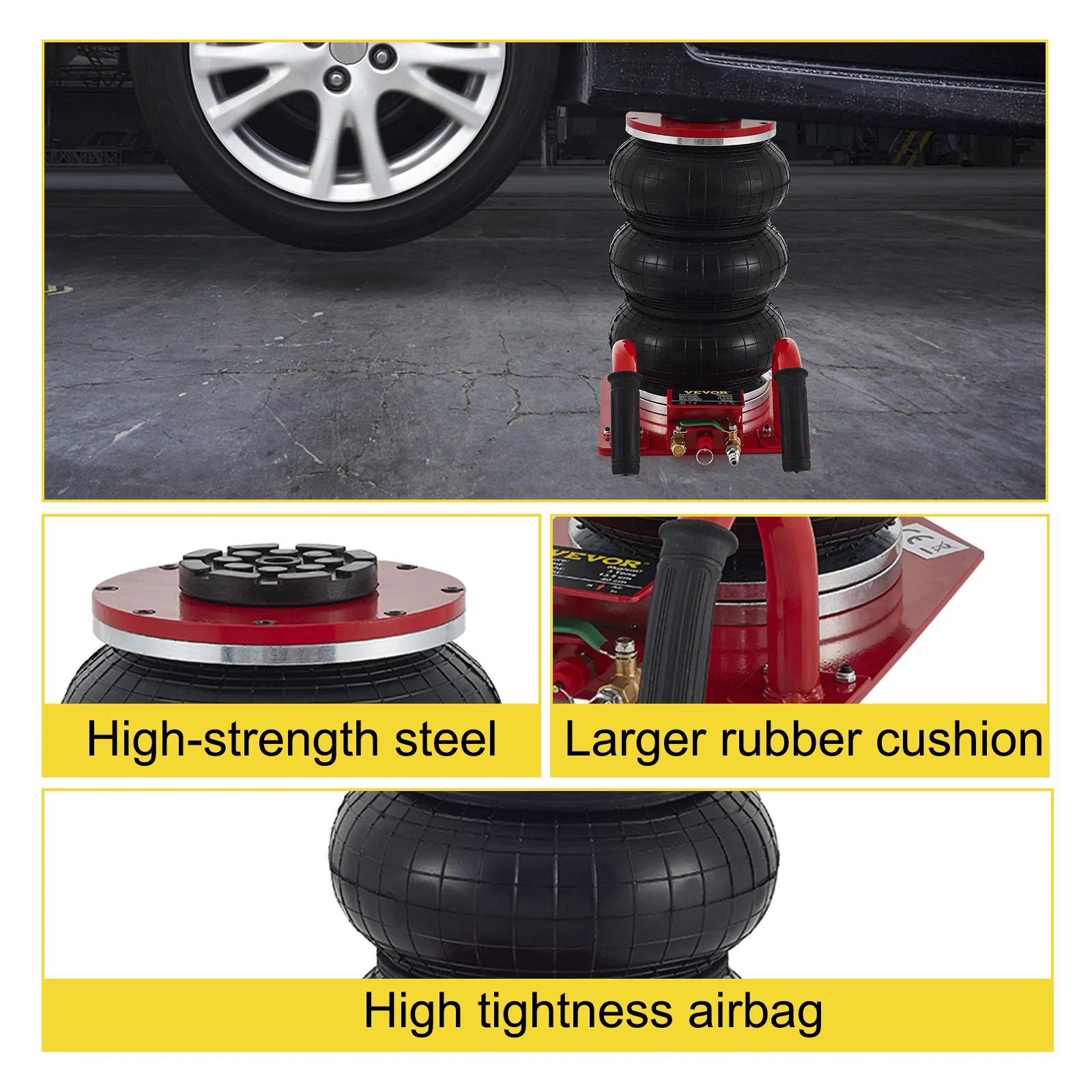 VEVOR triple bag air jack lifting a car with high-strength steel, rubber cushion, tight airbag.
