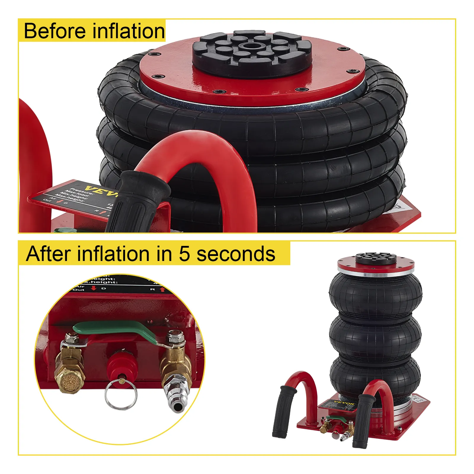 VEVOR triple bag air jack before and after inflation demonstration.