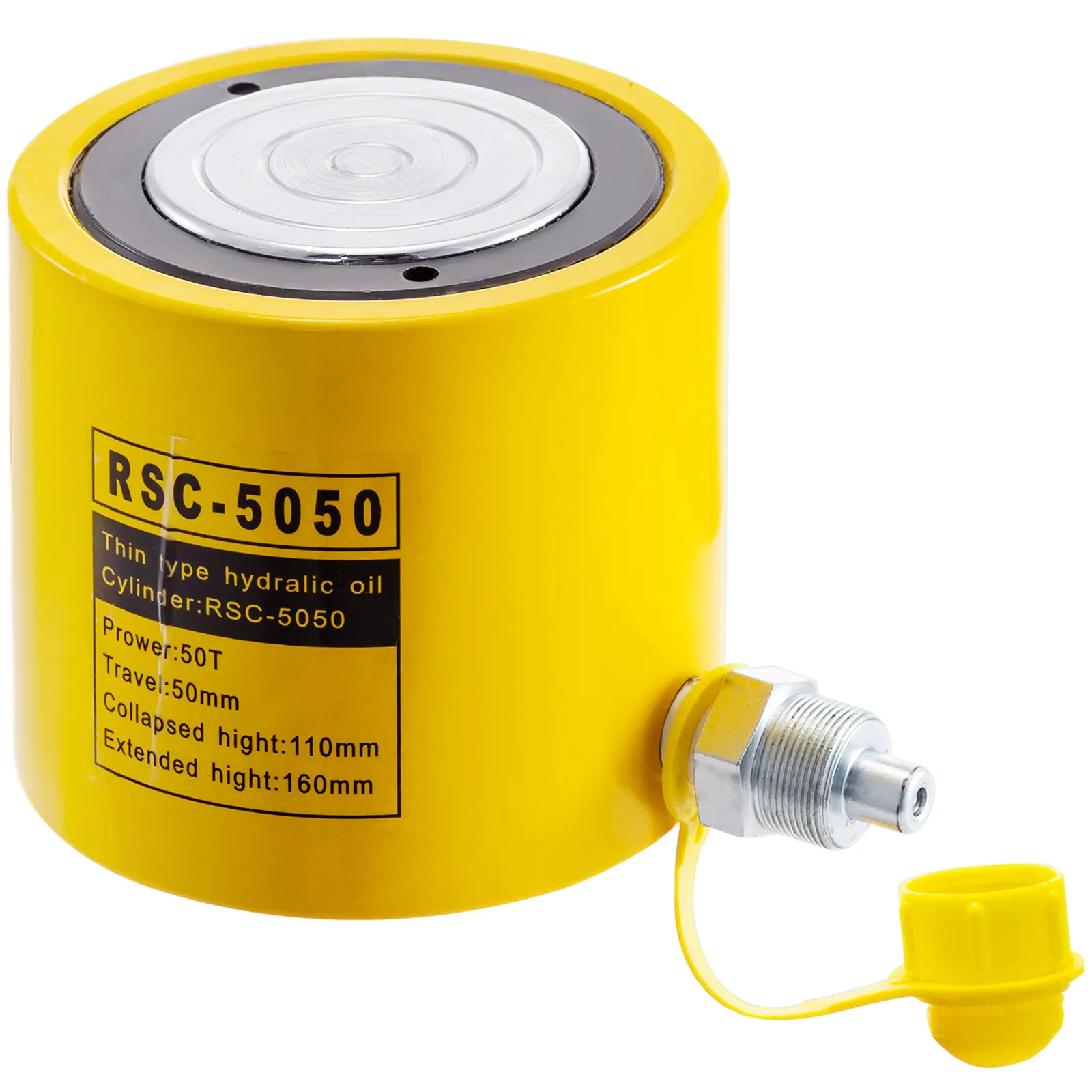 yellow rsc-5050 thin-type VEVOR hydraulic cylinder with 50mm travel and labeled specs.