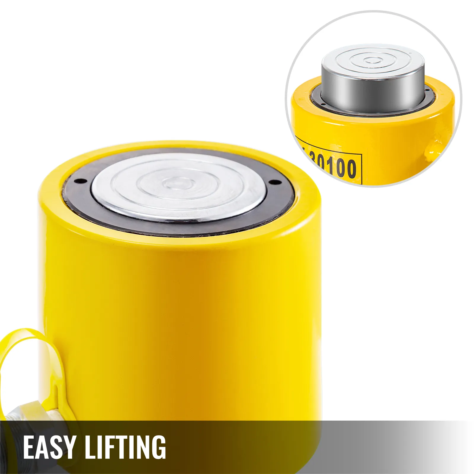 yellow VEVOR hydraulic cylinder for easy lifting, close-up detail on top surface.