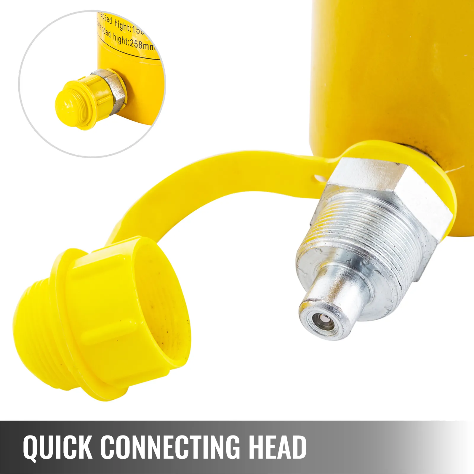 yellow quick connecting head for VEVOR hydraulic cylinder with attached cap.