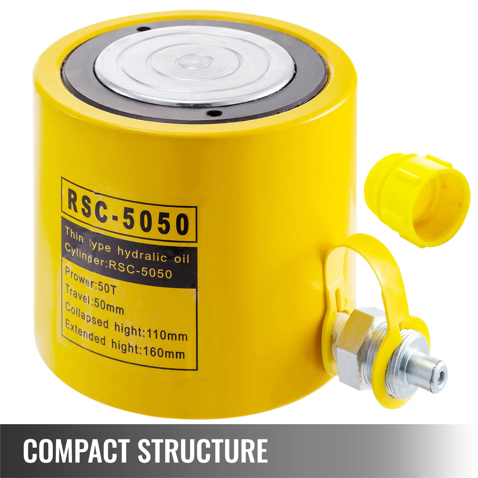 VEVOR hydraulic cylinder, rsc-5050, yellow with compact structure and 50mm travel.
