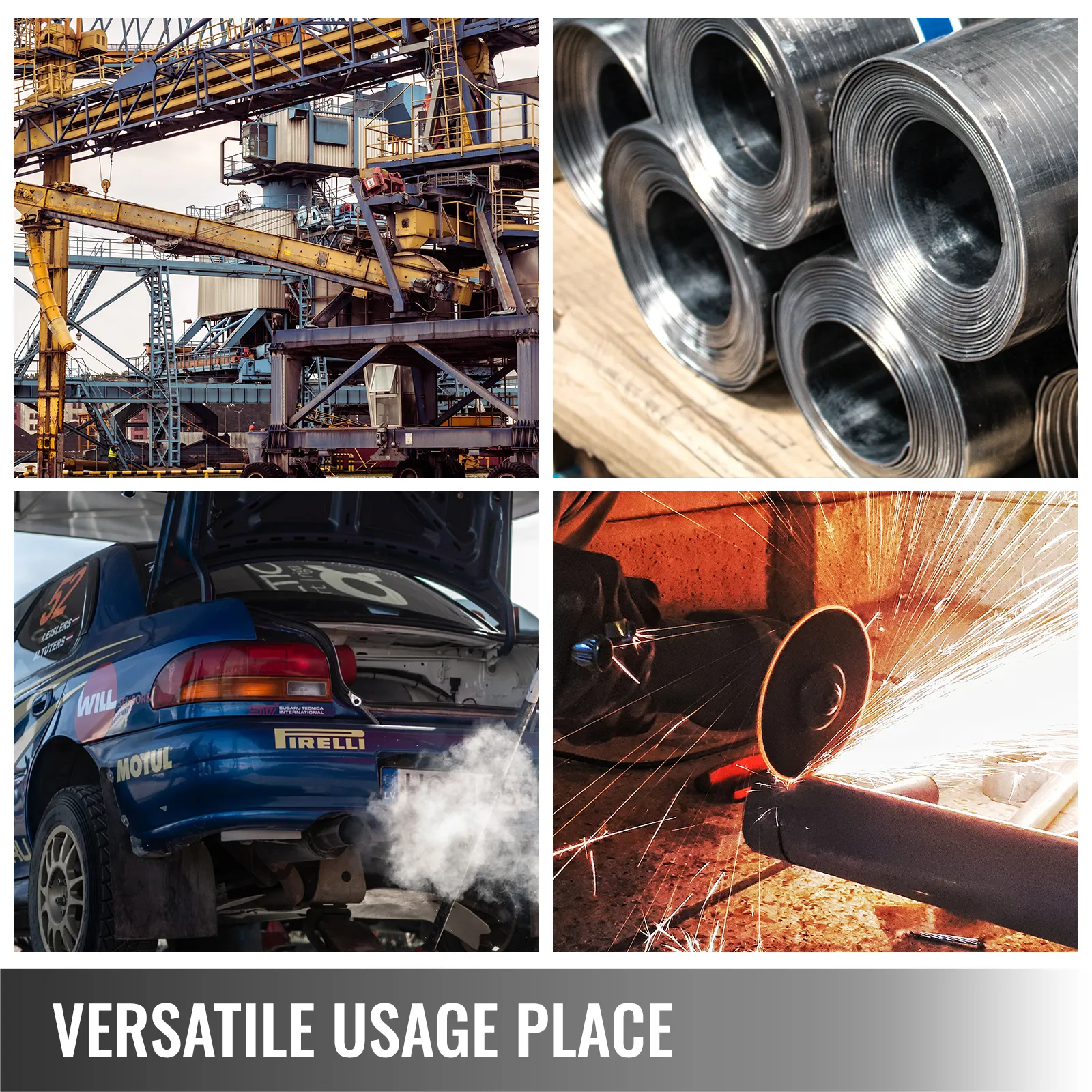 VEVOR hydraulic cylinder: industrial machinery, metal rolls, car repair, and welding.
