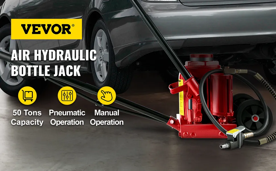 VEVOR air hydraulic bottle jack lifting a car with 50-ton capacity.